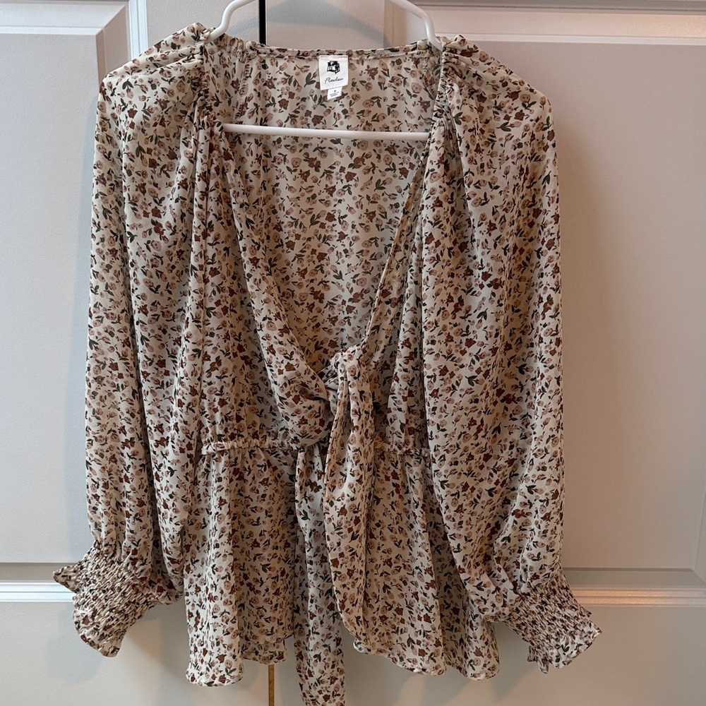 Vici Floral Tie-Front Blouse - Cream and Brown